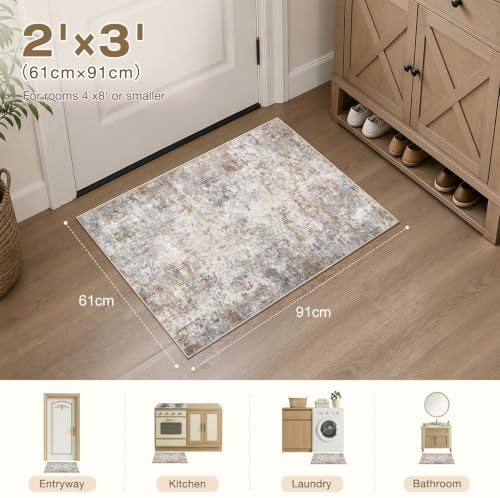 UERMEI 2x3 Entryway Area Rug Washable Neutral Brown Grey Small Carpet - Image 2