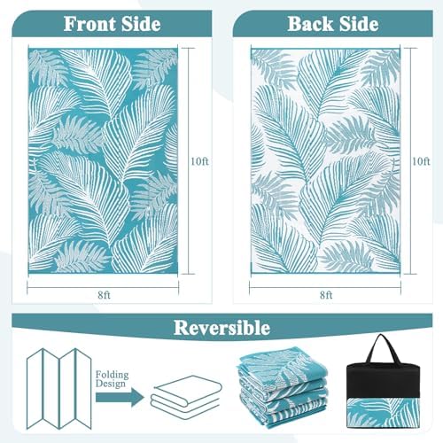 Pauwer Waterproof Outdoor Rug 8x10, Plastic Straw Patio Rug, Leaf Teal - Image 2