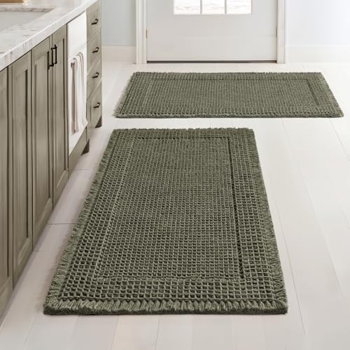 MIULEE Set of 2 Waffle Bathroom Rugs Bordered Bath Mat Green 18x30 Inch by MIULEE