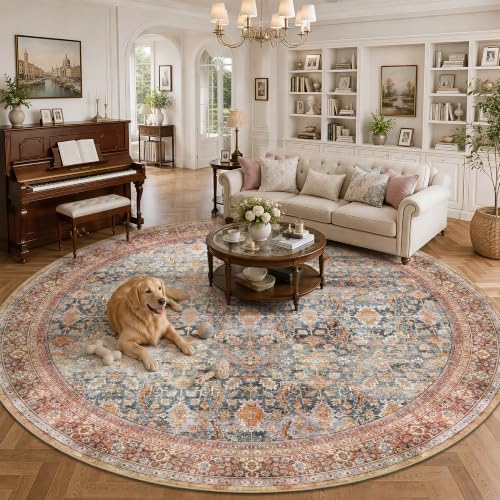 8FT Round Rugs - Washable Vintage Retro Large Area Rug, Soft Ultra Thin Non Slip Low Pile Traditional Distressed Boho Carpet for Bedroom Dining Room Home Office, Rust Clay - Image 3