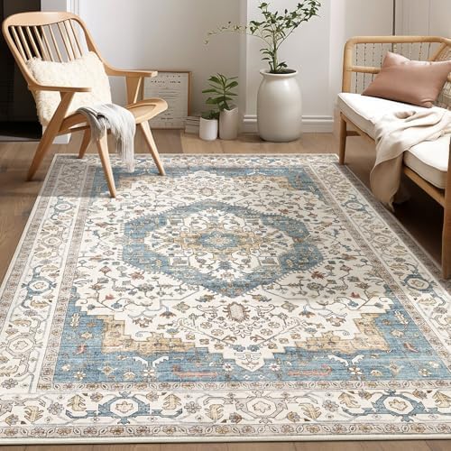 Vintage 7x9 Rugs for Living Room Washable Area Rug Blue/Beige by homewill