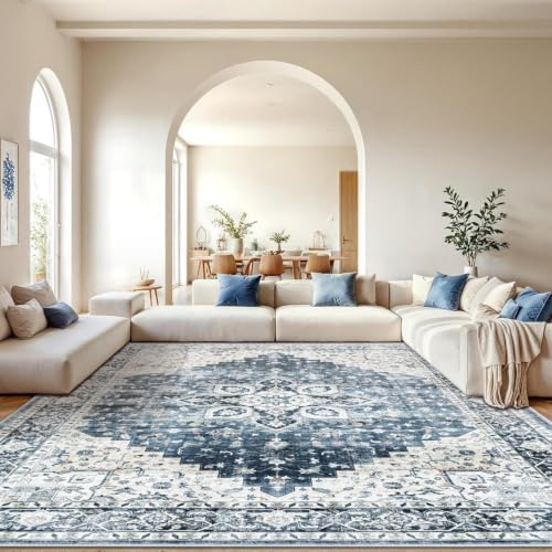 Amada Large 10x12 Washable Area Rug for Living Room, Blue, Vintage Pattern - Image 2