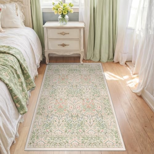 Washable Neutral Floral Living Room Rug, 3x5 Area Rugs for Bedroom, Nursery, Kitchen, Large Entryway, Vintage Non-Slip Throw Rug Low Pile Stain Resistant (3x5 Garden Green) by HazoHaus