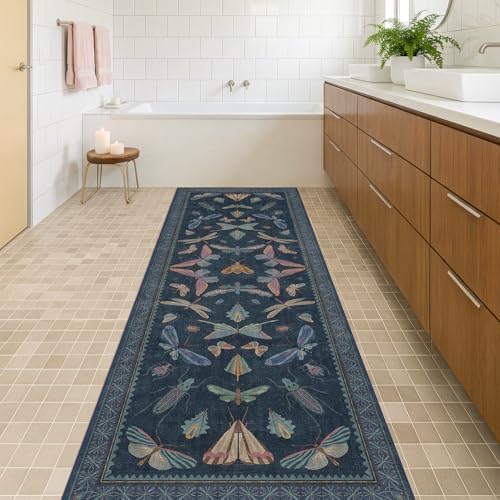 2x7 Navy Blue Runner Rug, Washable Vintage Insect Carpet for Bathroom, Kitchen Floor, Hallway & Bedroom, Low Pile Soft Non Slip Rug with Rubber Backing - Image 3