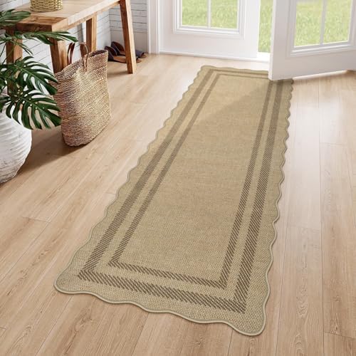 LIVEBOX Scalloped Washable 2x6 Kitchen Runner Rug, Easy Jute Geometric Tan Rugs for Entryway Hallway, Indoor Outdoor Non Slip Rug Farmhouse Modern Carpet Door Mat for Porch Bedroom Laundry Room by LIVEBOX