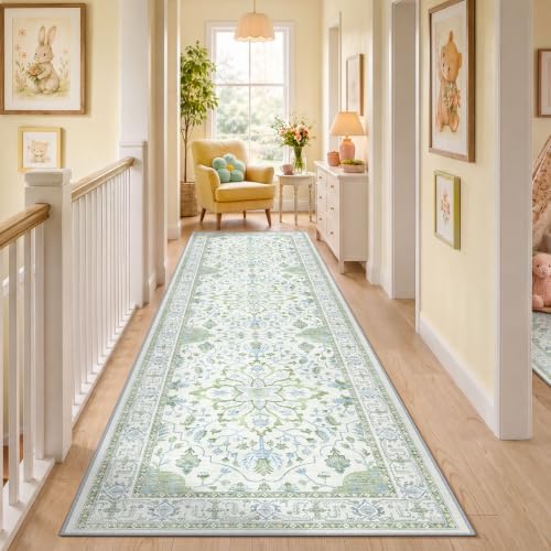 RELEANY Washable Area Rug, Runner 3'x10', Green/White/Blue - Image 2