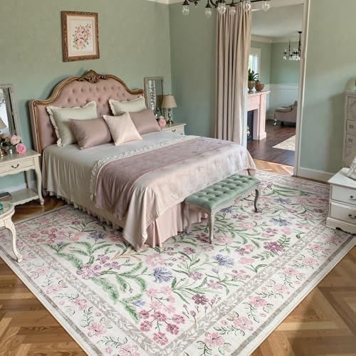 Wonnitar Purple Floral 8x10 Area Rugs, Washable Rug for Living Room, Soft Ultra-Thin Non-Shedding Large Indoor Boho Carpet for Bedroom Nursery Playroom Classroom Decor, Light Purple/Pink - Image 6