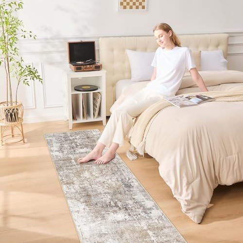 UERMEI 2x10 Washable Runner Rug for Hallway, Non Slip Low Pile Kitchen Carpet, Neutral Modern Abstract Indoor Floor Mat for Entryway Laundry, Kid & Pet Safe High Traffic Area, Brown/Grey/Red - Image 4
