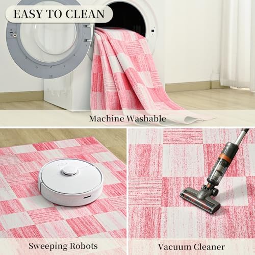 Terrug Pink and White Checkered Rug for Bedroom, 4x6 Washable Area Rugs - Image 6