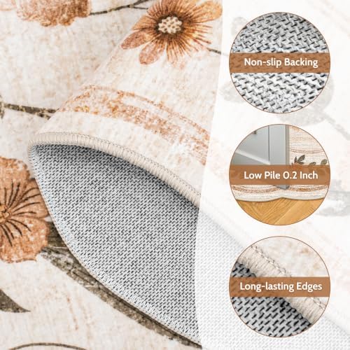 Scalloped Floral Rug 5x7, Beige Terracotta Washable Non Slip Area Rug for Girls Bedroom, Soft Low Pile Cottagecore Carpet for Nursery, Dorm, Kids Room, Living Room - Image 6