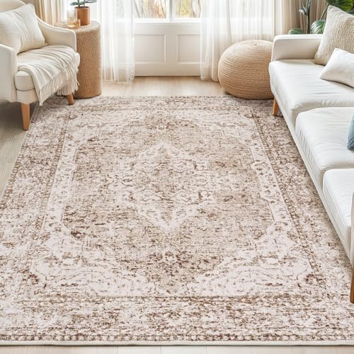 Lofus 5x8 Area Rugs for Living Room, Washable Area Rug, Rugs for Bedroom, Kitchen, Vintage Boho Carpet, Soft Non-Slip, Low Pile Large Area Rug for Office Dining Room, Vintage Beige Brown by Lofus