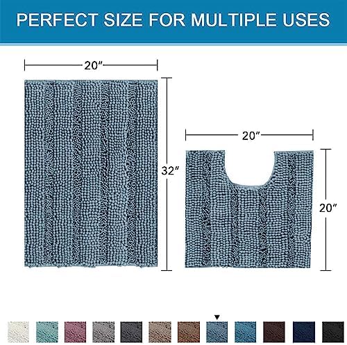 H.VERSAILTEX Bathroom Rugs Bath Rug Set 2 Piece Bathroom Contour Rug Toilet Mat Sets Non Slip Contour Bath Rug Set Ultra Thick Water Absorbent Striped Washable(20" x 32" Plus 20" x 20" U, Stone Blue) - Image 2