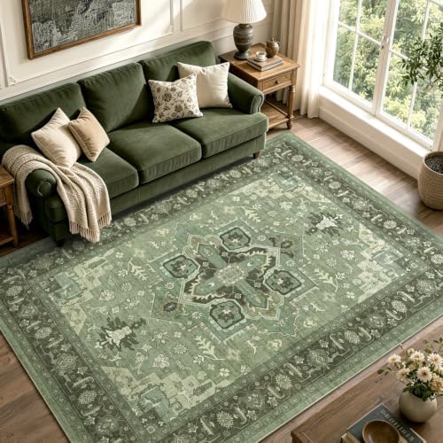 5x7 Ft Area Rugs for Living Room, Soft Non-Slip Machine Washable Rug, Vintage Stain Resistant Carpets for Bedroom Nursery Dining Room Home Decor (Green) by Lo%CC%80utiRootHome