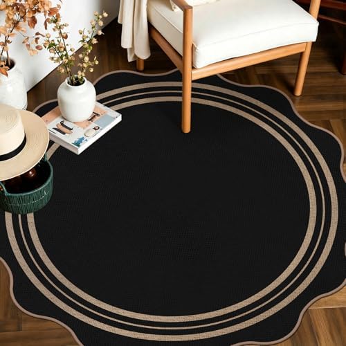 Scalloped Round Entryway Rug 4ft, Indoor Outdoor Patio Rug Washable Farmhouse Easy Jute Bedroom Area Rug, Non Slip Black Round Kitchen Circle Rugs for Living Room Front Porch by LORWER