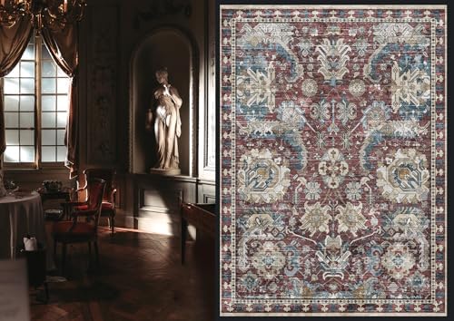 RUGSURE Washable Area Rugs - Perfect for Living Room, Bedroom, Kids Room, Nursery - Stain & Water Resistant Non-Slip, Pet & Child Friendly, Vintage Tribal Area Rugs (Rust and Blue, 6' x 9') - Image 2