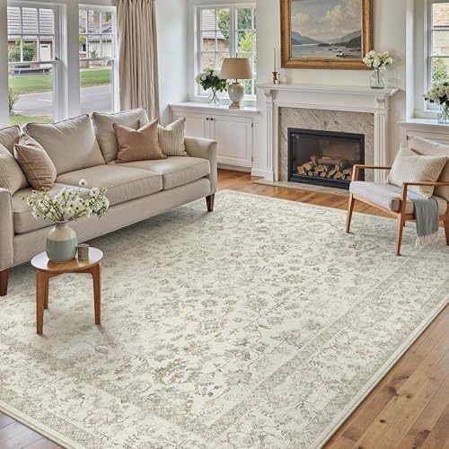 PureCozy 9x12 Taupe Area Rug Washable Non Slip Large Vintage Living Room - Image 3