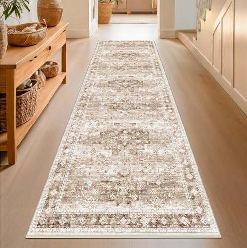 Beige Washable 2'6"x10' Extra Long Runner Rugs for Hallways, Non Slip Indoor Floor Mats for Entryway, Stain Resistant Long Floor Rug, Neutral Boho Floral Decor (2'6"x10' Beige/Latte) - Image 6