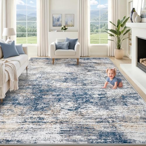 XLUEZ 9x12 Area Rug for Living Room, Washable Modern Abstract Large Area Rug Neutral Soft Non Slip Kids Rug Stain Resistant Indoor Carpet for Bedroom Dining Room Playroom Office(BlueWhite, 9'x12') by XLUEZ
