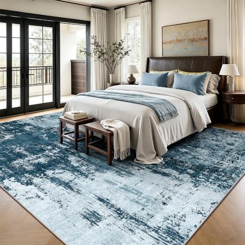 8x10 Rugs for Living Room - Modern Abstract Washable Rug, Ultra Soft Non Slip Low Pile Large Rugs, Floor Carpet for Bedroom Dining Room Office Laundry Nursery Home（Ocean Blue） - Image 3