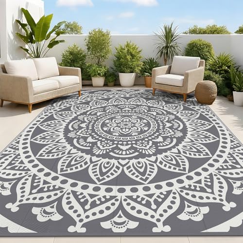 Bsmathom Waterproof Outdoor Rug 9x12 ft Large Reversible Boho Plastic Straw Patio Deck Camping Rugs, Indoor Outdoor Portable RV Mat Carpet for Outside, Porch, Balcony, Backyard, Beach, Pool,Grey by Bsmathom