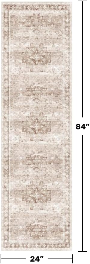 Hazo Haus Boho 2x7 Long Runner, Neutral Farmhouse Hallway Rug, Small Throw Runners for Bedroom, Bathroom, Kitchen, Vintage Floral Decor & Non-Slip Low-Pile Washable Stain Resistant, Latte Beige - Image 2
