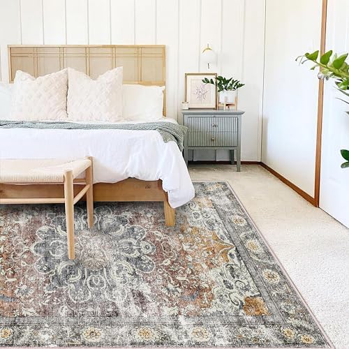 CHAMPLANT Area Rug 6x9 Washable Rug Brown Grey Vintage Traditional Distressed Thin Retro Kitchen Indoor Floor Cover Non Slip Carpet Floral Print Mat Living Room Bedroom Dining Room - Image 2