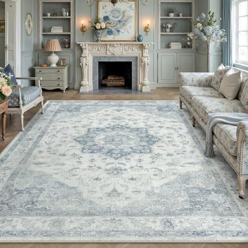 PureCozy Blue 10x12 Washable Area Rug Living Room Vintage Oriental Carpet by PureCozy
