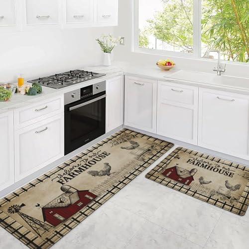 2PCS Farmhouse Kitchen Rugs,Retro Rooster Anti Fatigue Kitchen Mat - Image 2