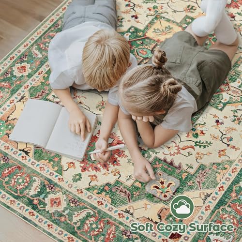 Area Rug 8x10 Washable Rug, Vintage Boho Medallion Rugs Non-Slip Soft Low Pile Large Distressed Rug Indoor Retro Carpet for Living Room Bedroom Dining Room Home Office (Green Beige, 8'x10') - Image 4