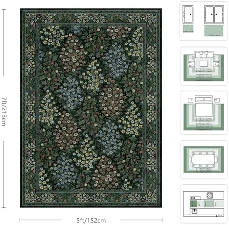 5x7 Area Rugs, Vintage Washable Rug for Bedroom, Indoor Non-Slip Rugs for Living Room, Dining Room, Low Pile Floral Rug(Dark Green Floral) - Image 2