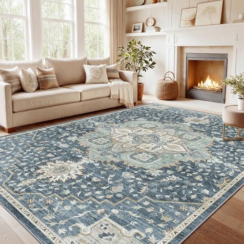 Amada 8x10 Washable Area Rug for Living Room, Blue/Yellow, Vintage Pattern by AMADAHOMEFURNISHING