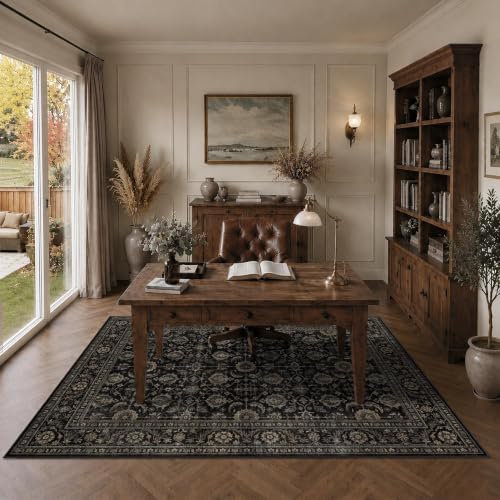 JOOJA 5x7 Black Gold Vintage Washable Area Rug, Low Pile Living Room Rug by JOOJA