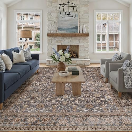 HUGEAR 10x14 Brown Blue Vintage Floral Washable Area Rug for Living Room by HUGEAR