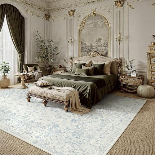 PureCozy 10x14 Blue Area Rug Washable Non Slip Large Vintage Living Room - Image 3