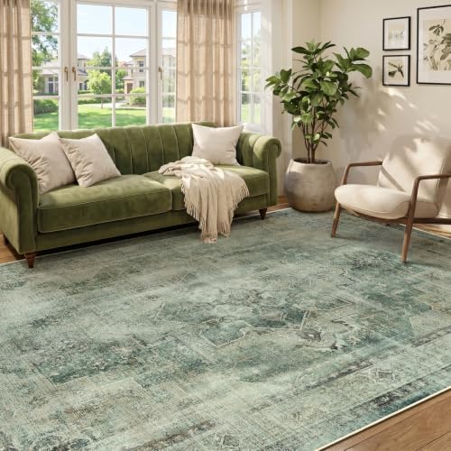 Muted Green Living Room Rug 6x9, Washable Non Slip Rug for Dining Room, Low Pile Thin Vintage Distressed Medallion Carpet Rugs for Bedrom Home Office Den, Collocated with Organic Modern Decor by Jainmy