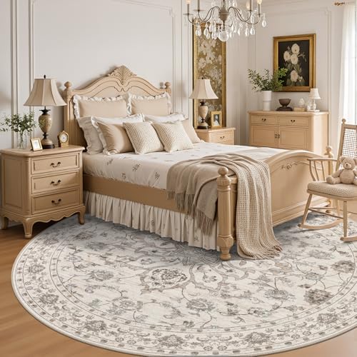 Round Area Rug for Living Room: 8ft Boho Washable Rug Brown Beige - Image 4