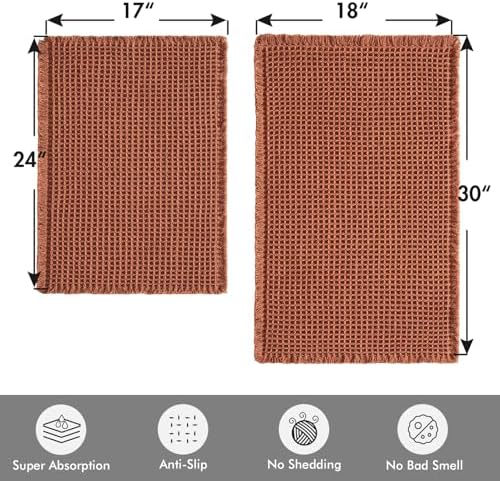 MIULEE Fall Rust Set of 2 Waffle Bathroom Rugs Boho Mat 17"x24"+18"x30" - Image 2