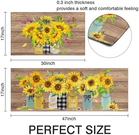 Sunflower Kitchen Rugs Set of 2,Farmhouse Style Kitchen Decor Kitchen Mat Non-Slip Washable,Farmhouse Kitchen Decor Anti Fatigue Floor Mat for Kitchen Sink Laundry Room, 17x30+17x47Inch - Image 3