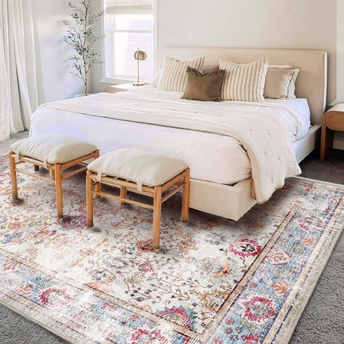 CHAMPLANT Washable Area Rug Vintage 6'x9' Light Traditional Floor Cover Thin Rug Retro Kitchen Indoor Distressed Non Slip Carpet Floral Print Mat Living Room Bedroom Dining Room - Image 2