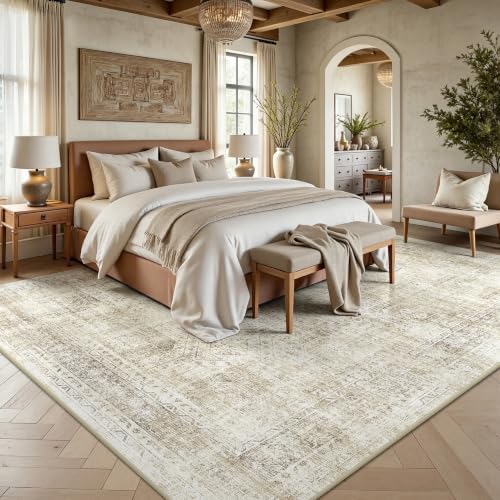 8x10 Area Rugs for Living Room, Washable Vintage Retro Floral Rug, Low Pile Non Slip Distressed Large Carpet for Bedroom, Dining Room, Office, Home (Beige) - Image 4