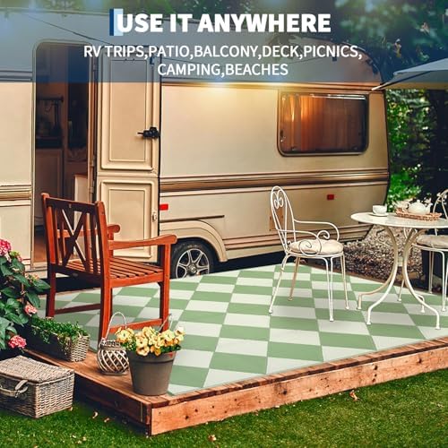 GAOMON 9x18 Plastic Straw Rug Outdoor Rugs for Patio Waterproof Reversible Mat Modern Bordered Camping Rug for Porch RV Backyard Pool Deck Picnic Beach Trailer Trellis-Green - Image 4