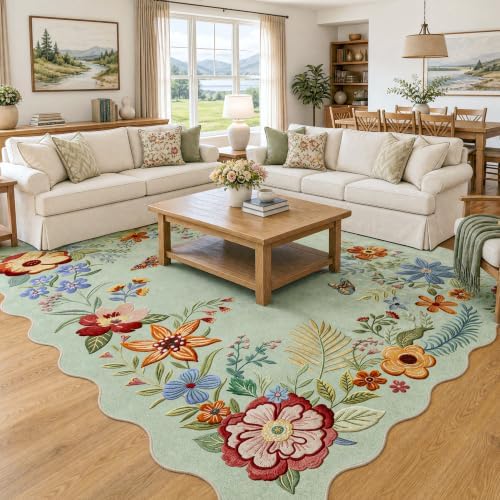 FMFUNCTEX 8x10 Washable Mint Green Boho Scalloped Area Rug for Living Room - Image 2