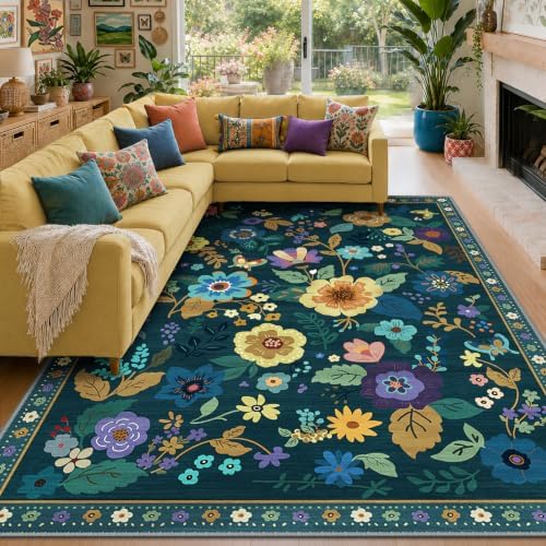 RELEANY Floral Washable 8x10 Area Rugs Teal/Purple by RELEANY