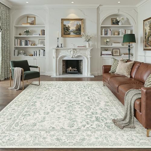 PureCozy 9x12 Green Area Rug Washable Non Slip Large Vintage Living Room - Image 3