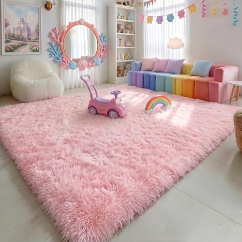 Amdrebio Pink Shag Plush Area Rug 6x9 for Girls Bedroom Nursery Classroom - Image 4