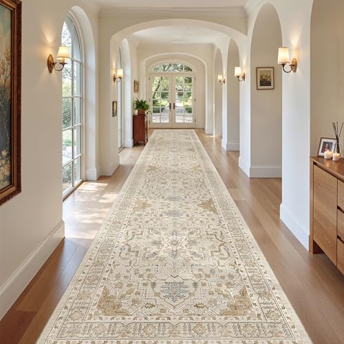 Madane Hallway Runner Rug 3x18 Washable Kitchen Runners 18ft, Beige/Blue - Image 2