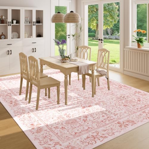DUKINO 6x9 Area Rug, Vintage Floral Washable Rugs for Living Room, Pink - Image 3