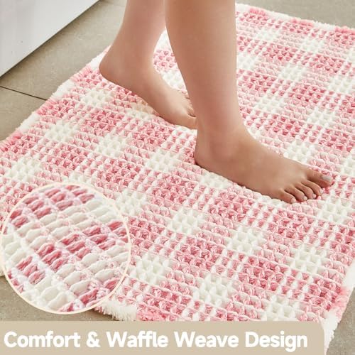 TYUU Waffle Runner Rug Bathroom, Long Cute Bath Mat, 72x24 Pink & White - Image 3