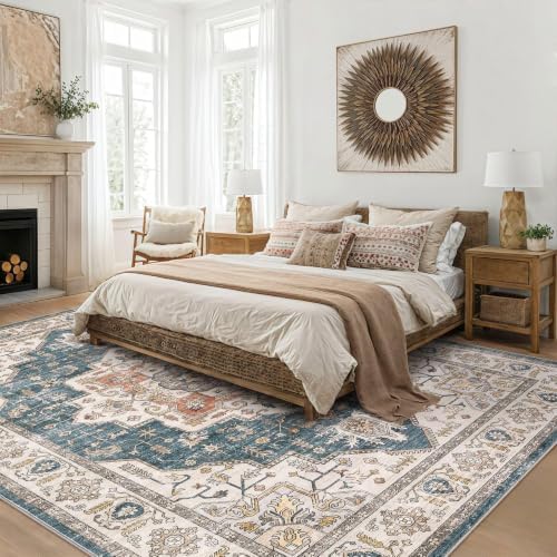 7x10 Area Rug: Washable Vintage Soft Blue Rugs for Living Room - Image 4
