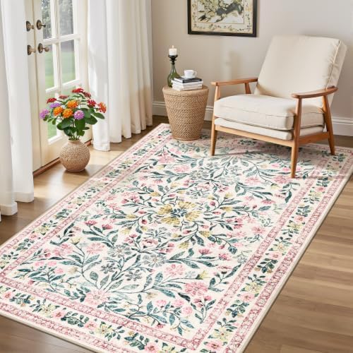 PLHXFR Area Rug Living Room: 3x5 Floral Washable Boho Carpet Pink Green - Image 4